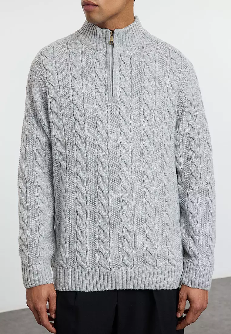 Grey Unisex Regular Fit Zippered Half Turtleneck Knit Sweater TMNAW21KZ0737