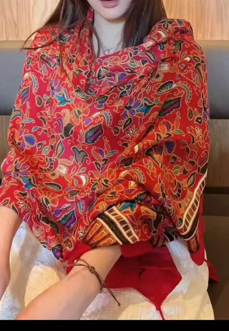 Jual San Marco Batik Pattern Tassels Viscose Shawl Syal Wanita Red ...