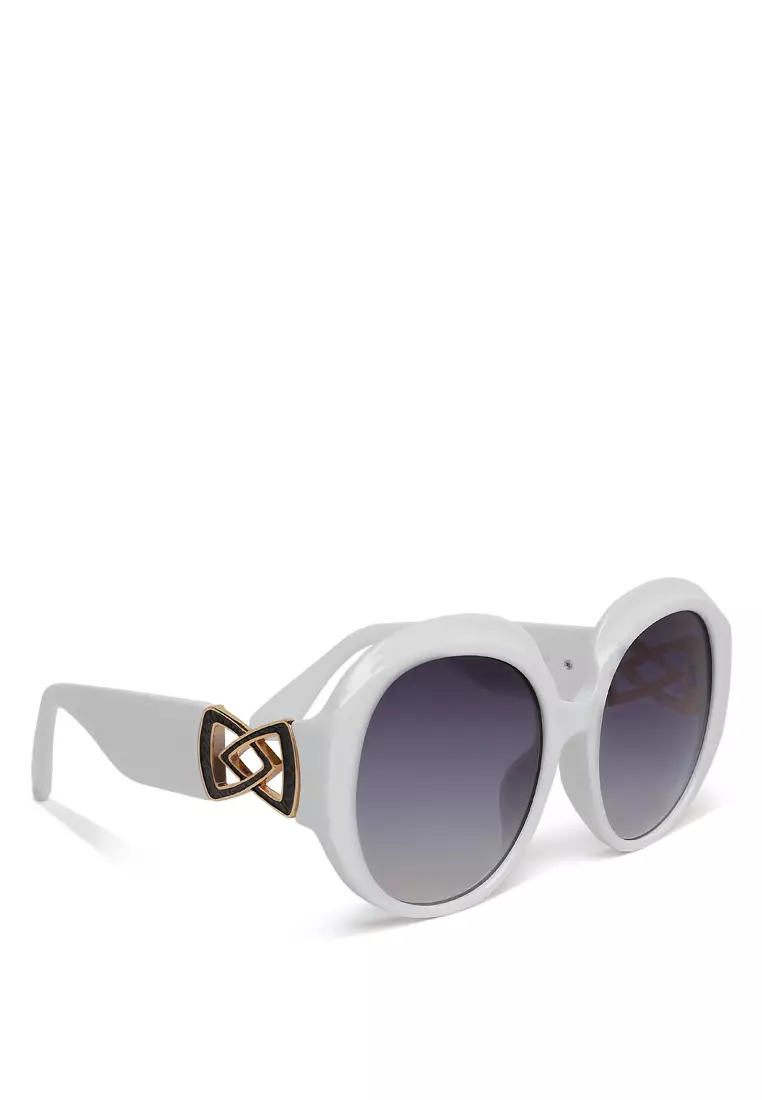 White Metallic Accent Round Sunglasses