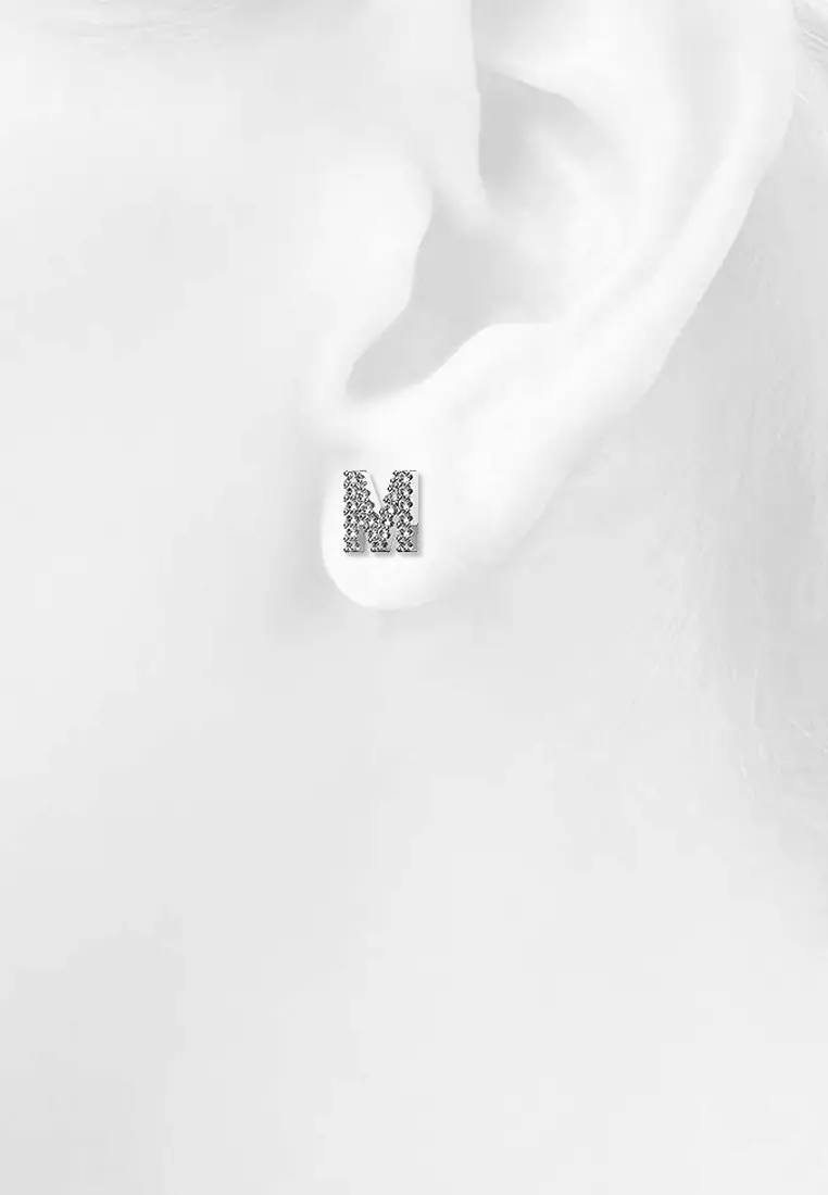 Solid 925 Sterling Silver Glamour Alphabet Letter Earrings  - M