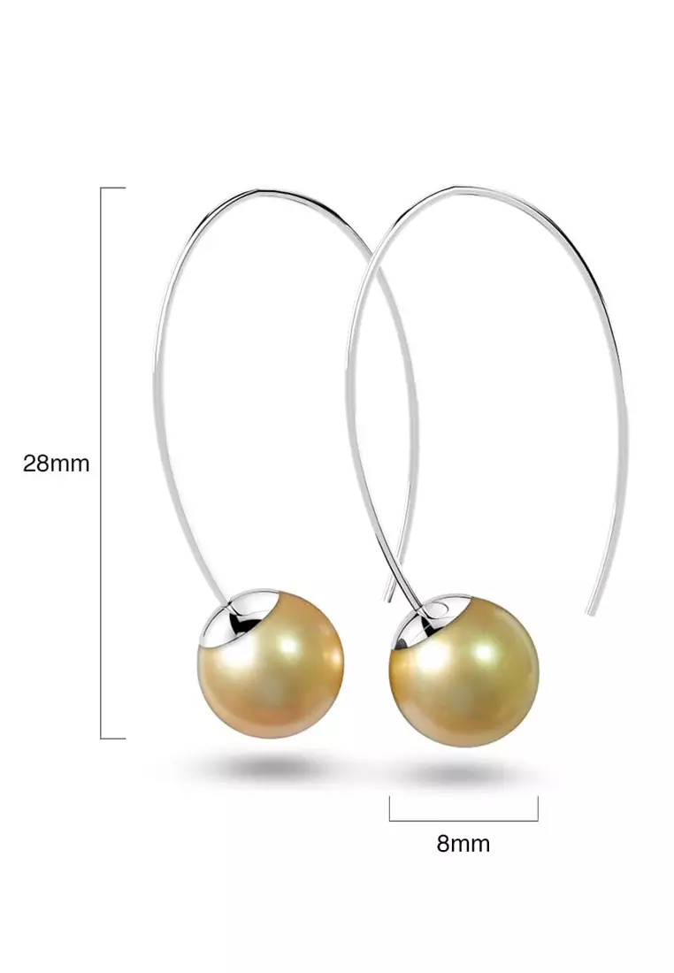 Solid 925 Sterling Silver Round Champagne Imitation Pearl Dangle Earrings