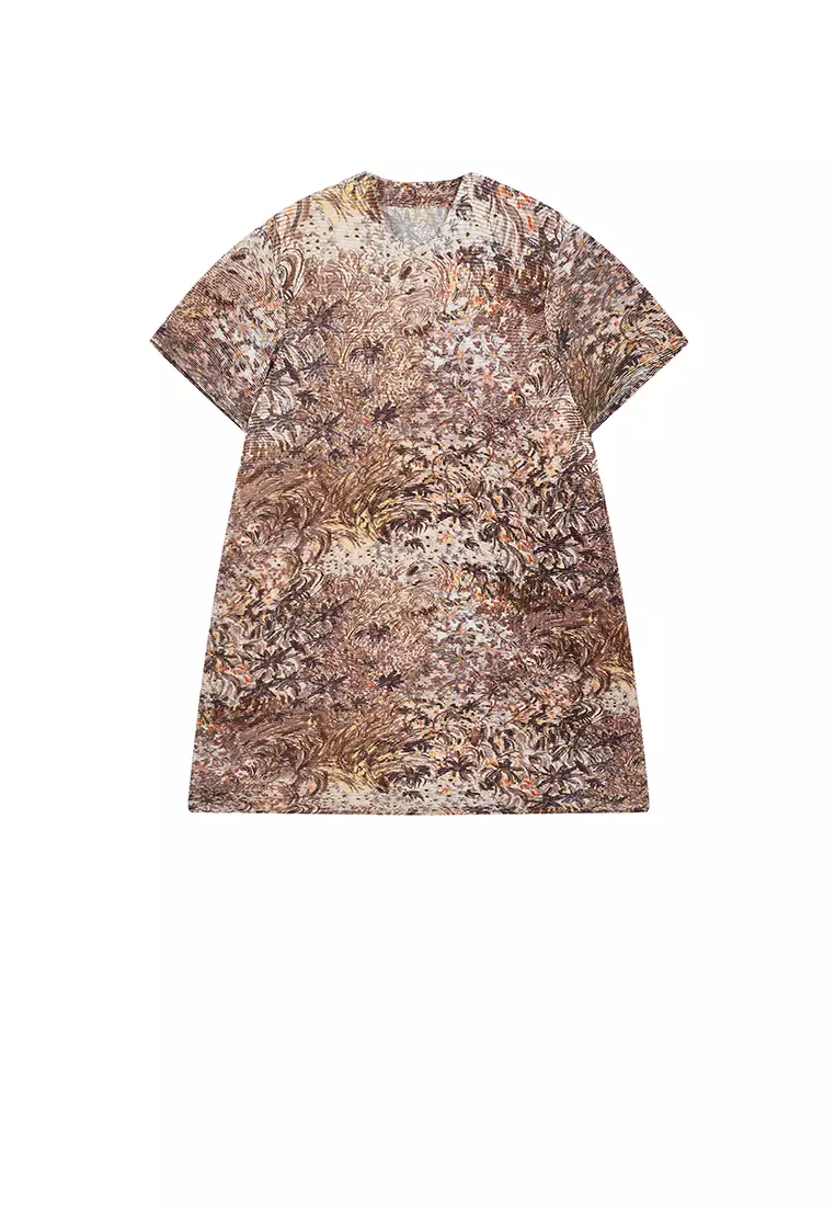 混纺图案元素A型压褶短袖连衣裙