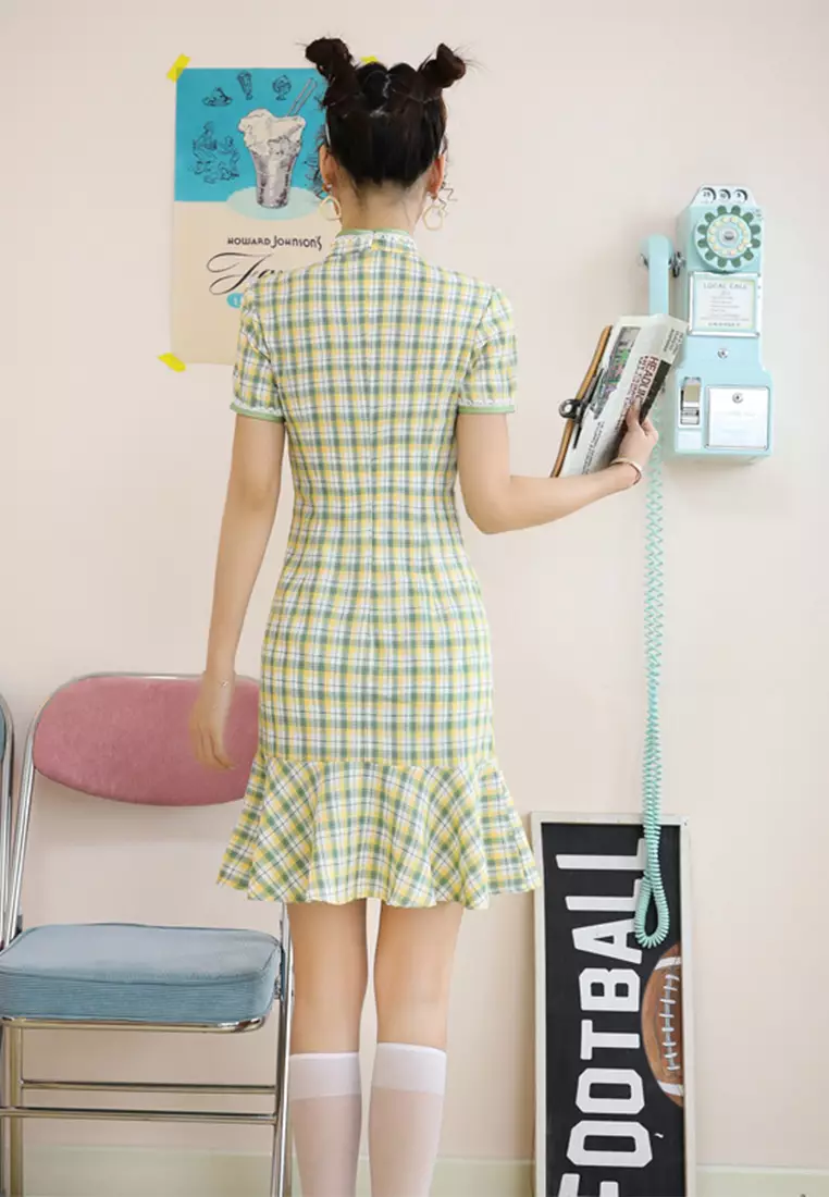 時尚優雅格紋清新旗袍連衣裙CA122719GR