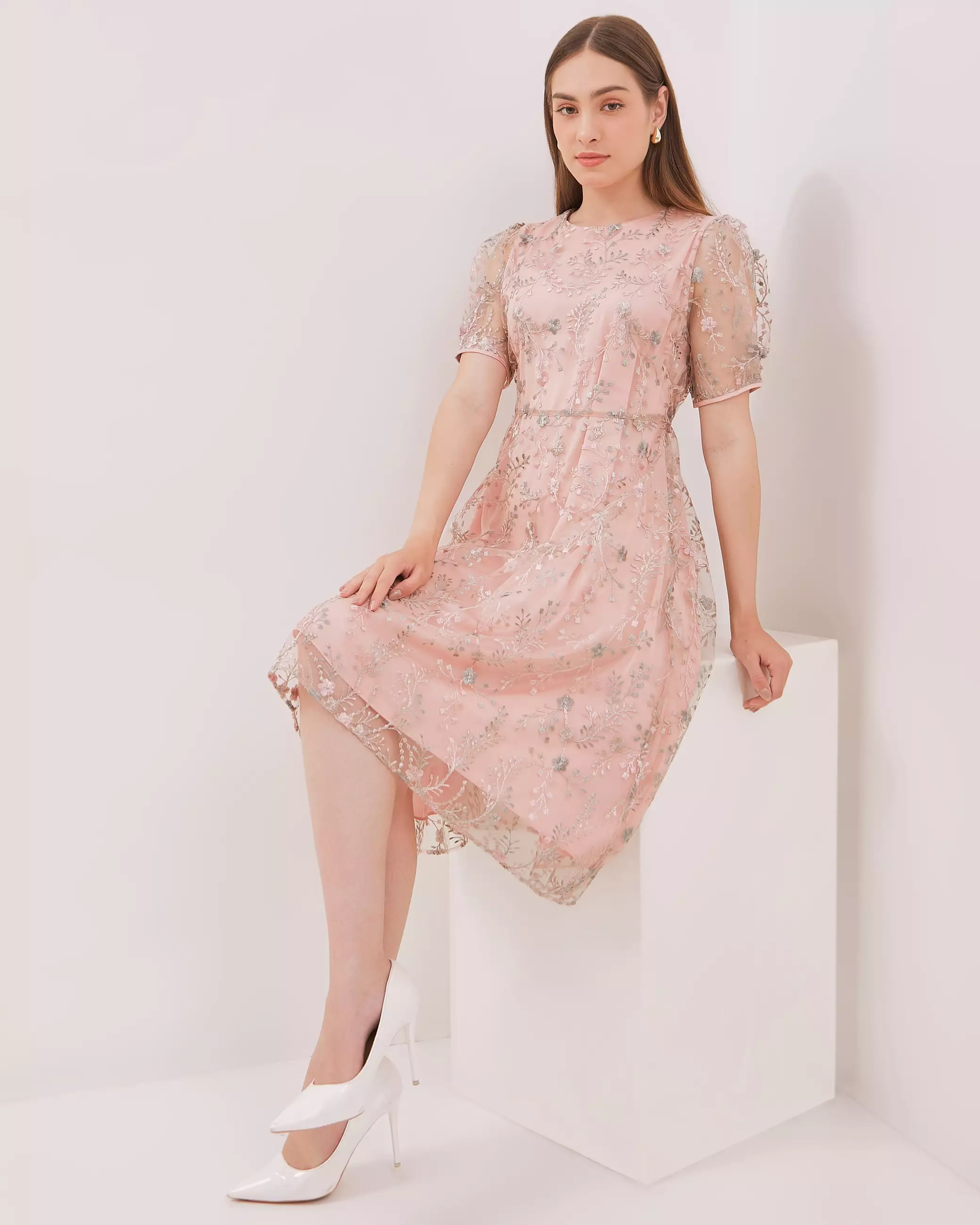 Urban Exchange Noella Pink Dress Midi Dress Brokat Dress Natal Warna Pink