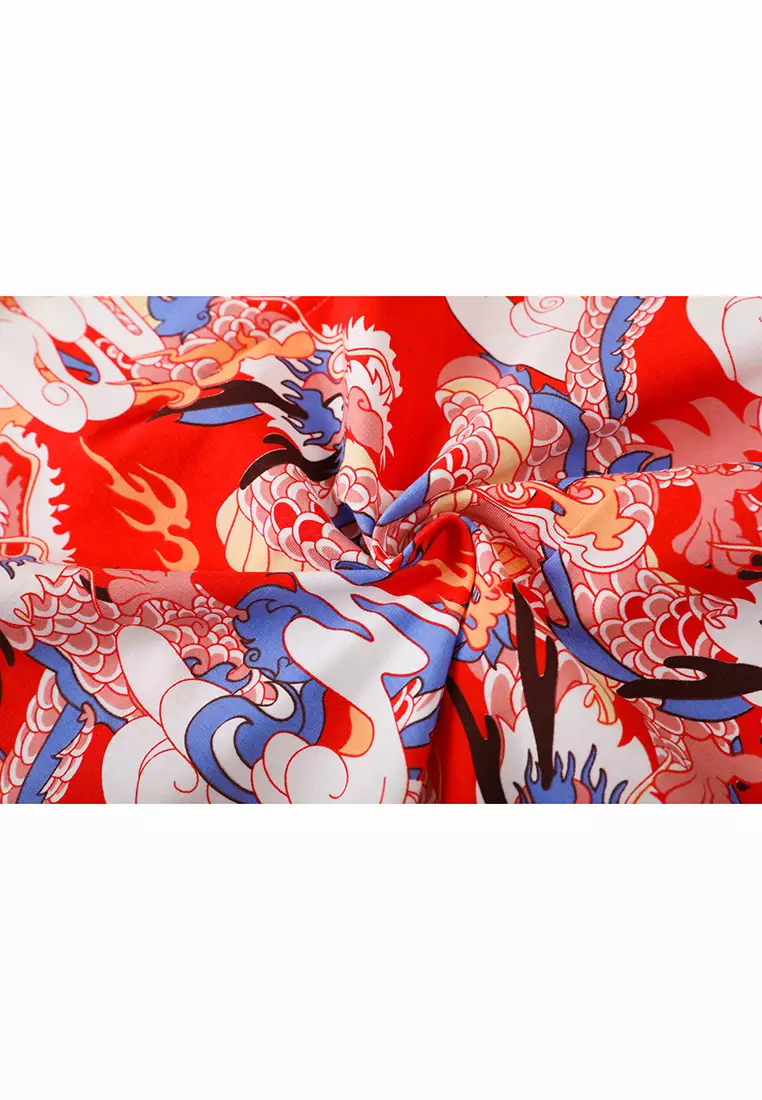 女童紅藍龍印花漢服唐裝旗袍裙新年拜年衣服