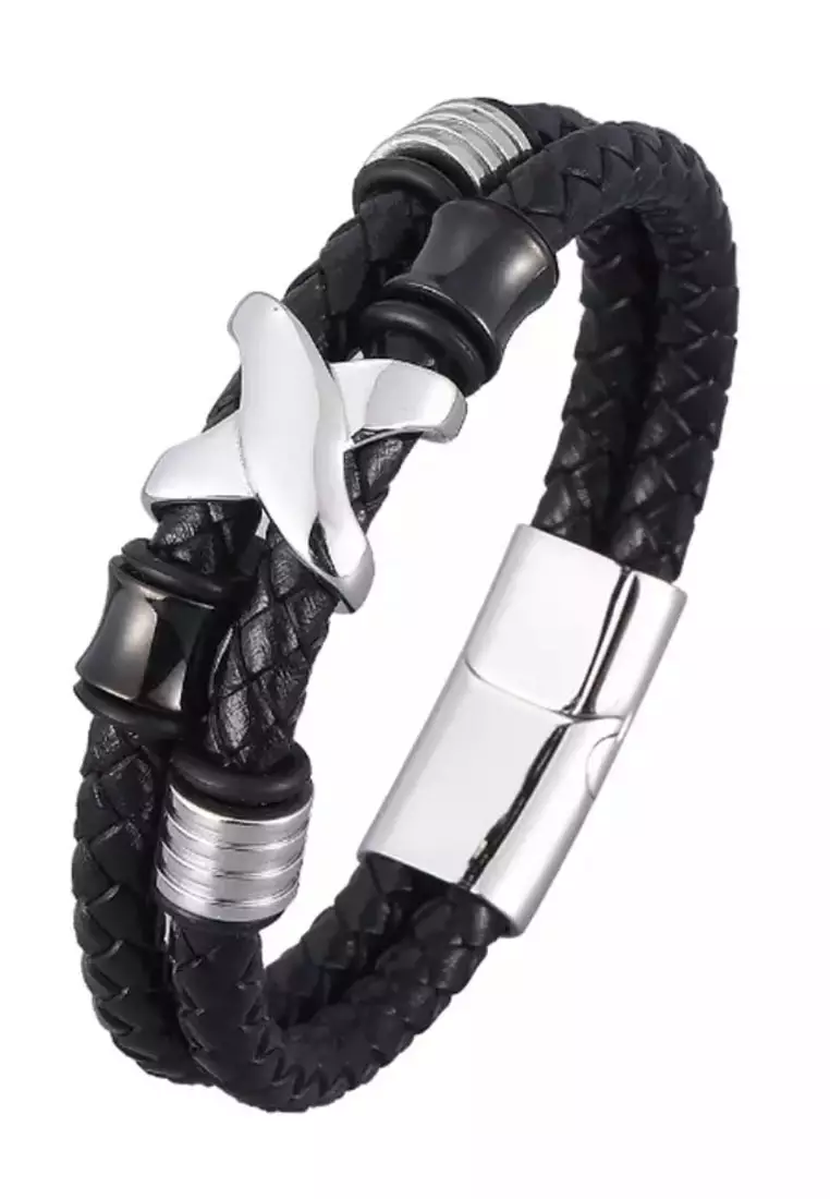 Accessories Pria X Classic Charm  Leather Bracelet Gelang Pria Black & Silver