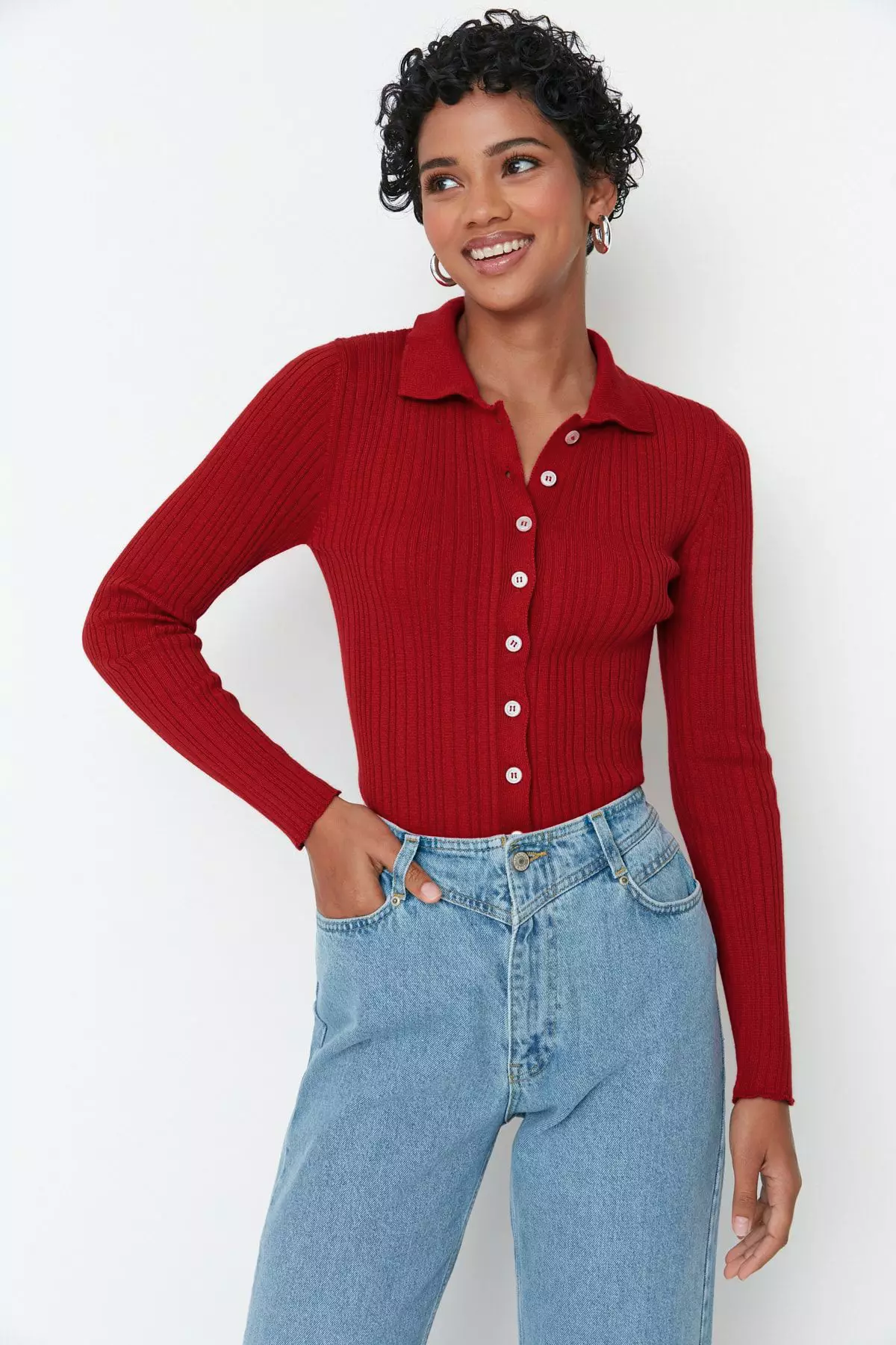 Burgundy Mercerized Look Ribbed Polo Neck Knitwear Cardigan