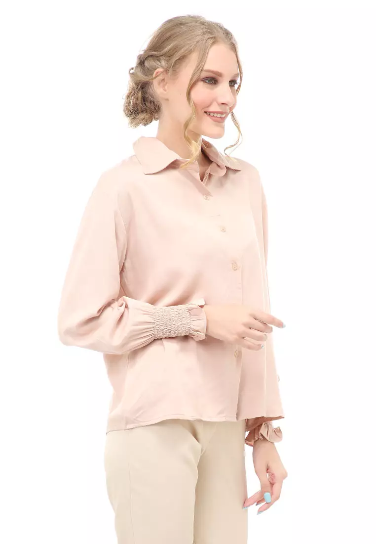 Holly Kemeja Atasan Kasual Wanita Model Lengan Karet Material Twill rayon ORIGINAL - Milk Brown