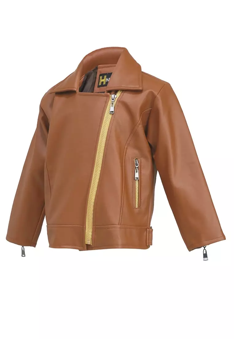 Fisca Jaket Kulit Anak Perempuan Zipper Design Motif Polos Material Leather ORIGINAL - Tan
