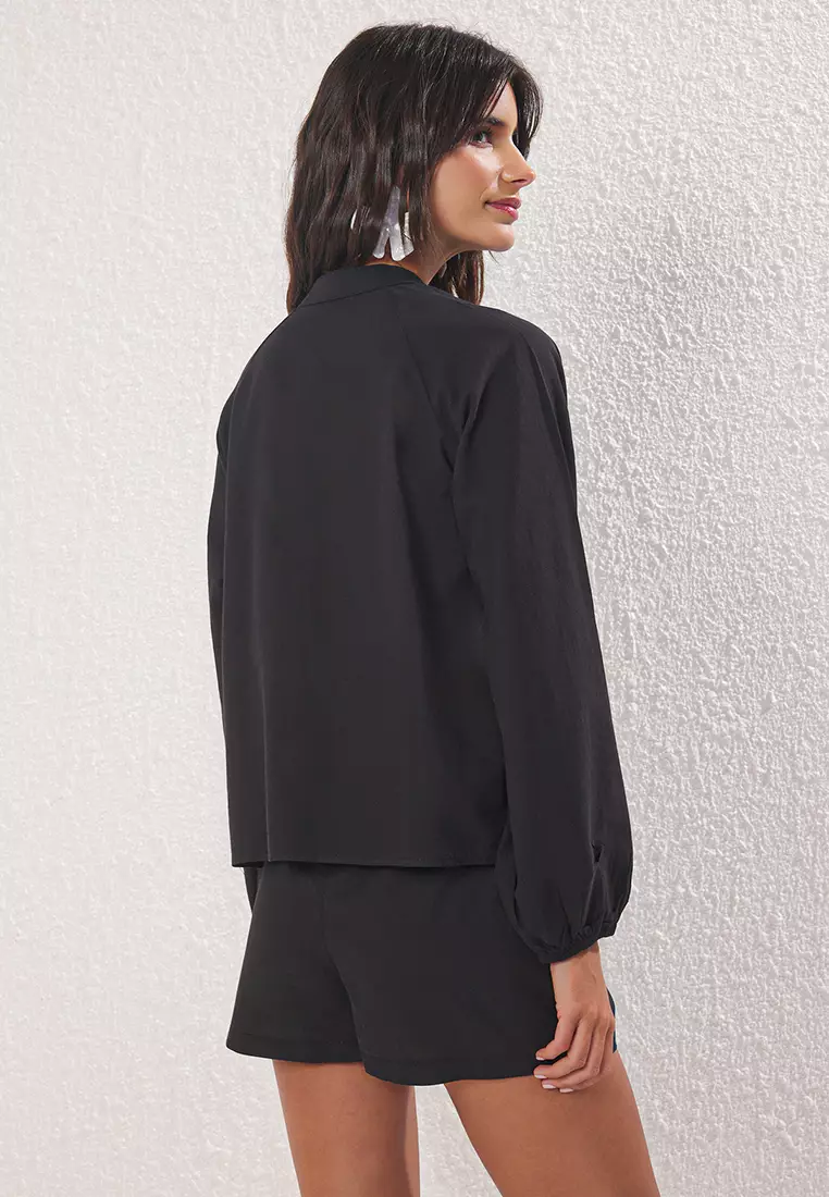 Black Woven 100% Cotton Beach Shirt Shorts Suit Tbess25Au00077