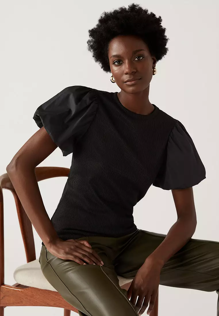 Jersey Round Neck Puff Sleeve Top