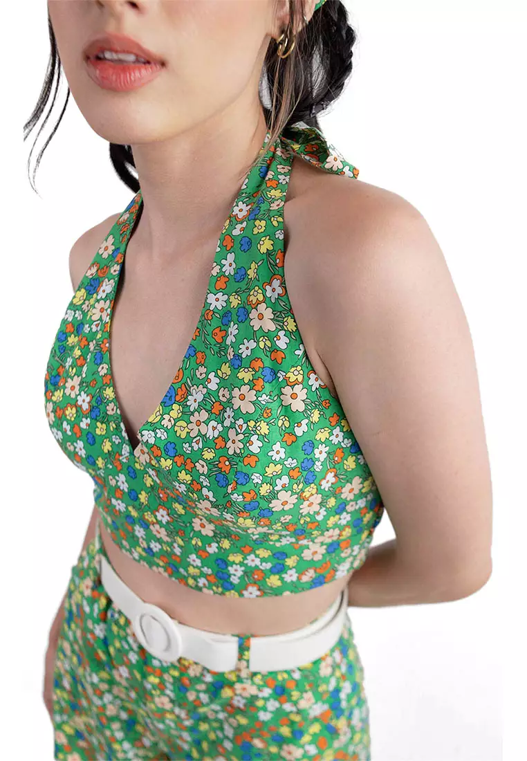 Groovy Flowers Halter Top Shorts Set With Detachable Belt