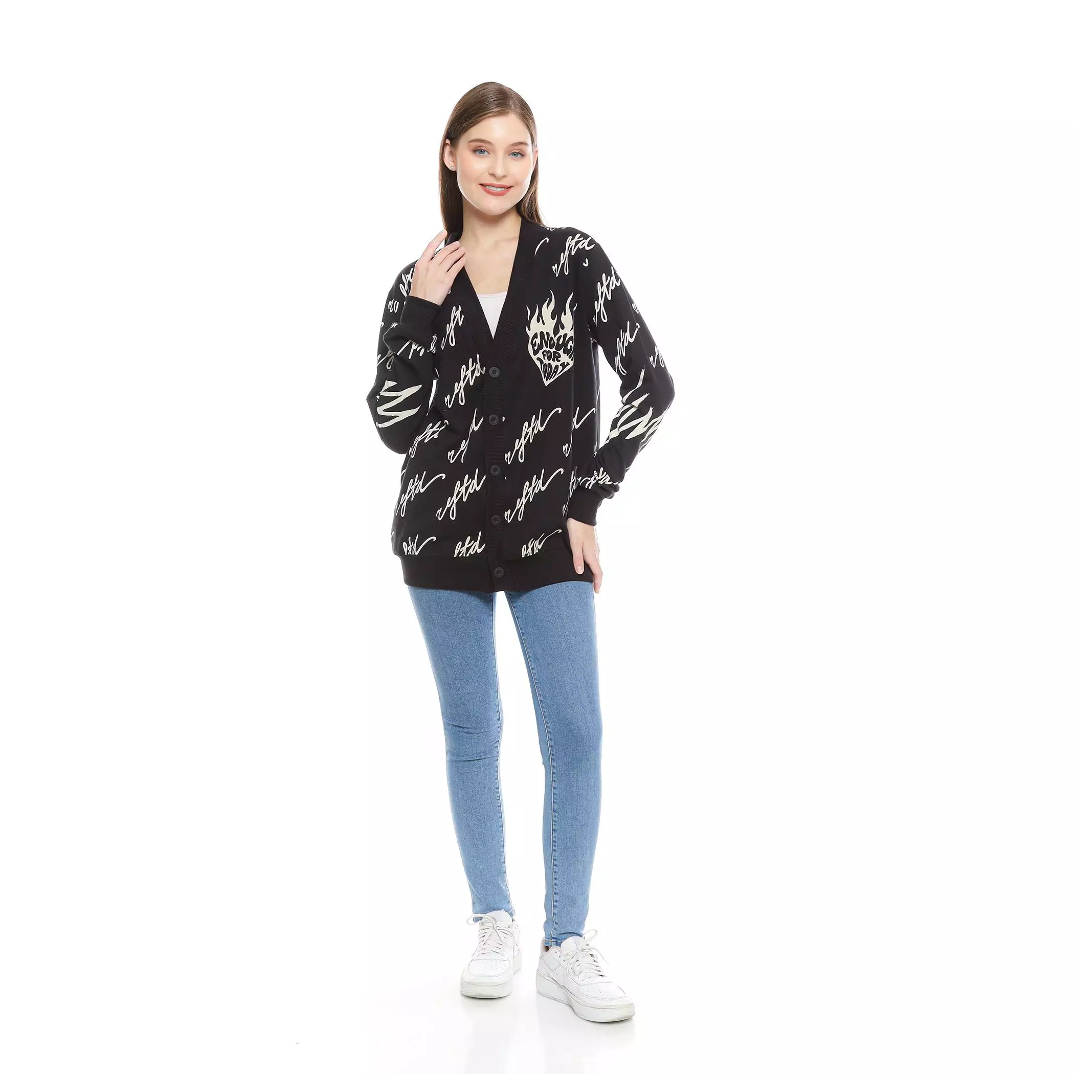 Enough For Today - Sweater Cardigan Motif Korea Love Eftd Hitam Sablon Discharge Bahan Katun Babyterry  Outer Wanita