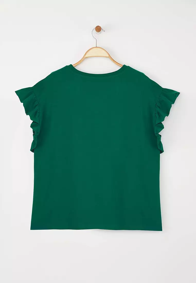 Emerald Green Crew Neck Ruffle Sleeves 100% Cotton Knitted T-Shirt Tbbss23Bf00006