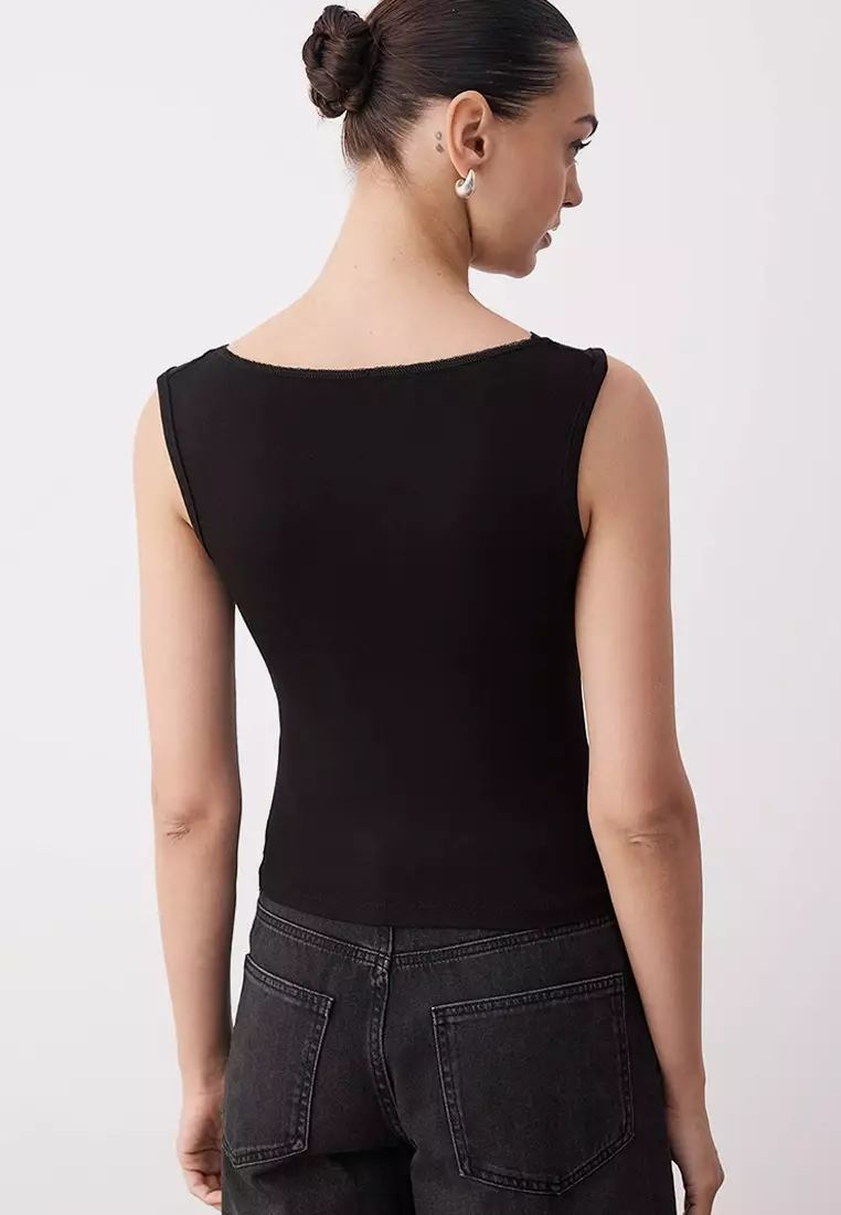 Lace Detailed V-Neck Cotton Stretch Knitted Tank Top