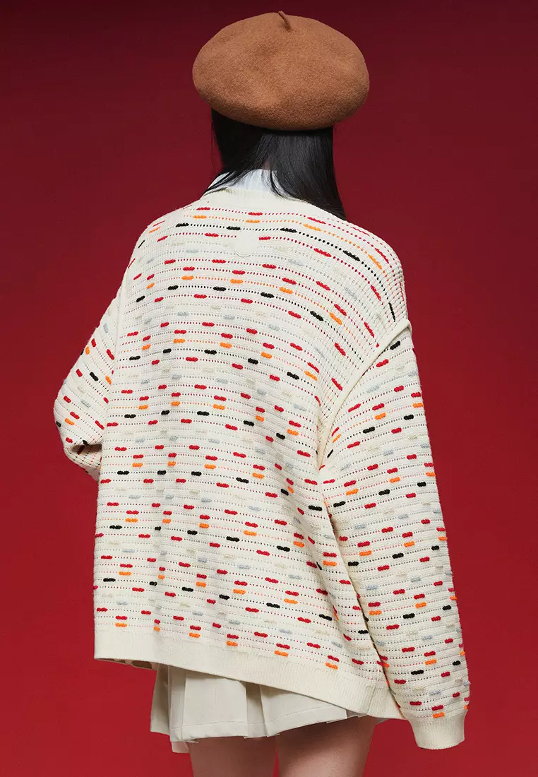 女裝刺繡鳶尾花LOGO 馬年主題拼色開襟毛衣