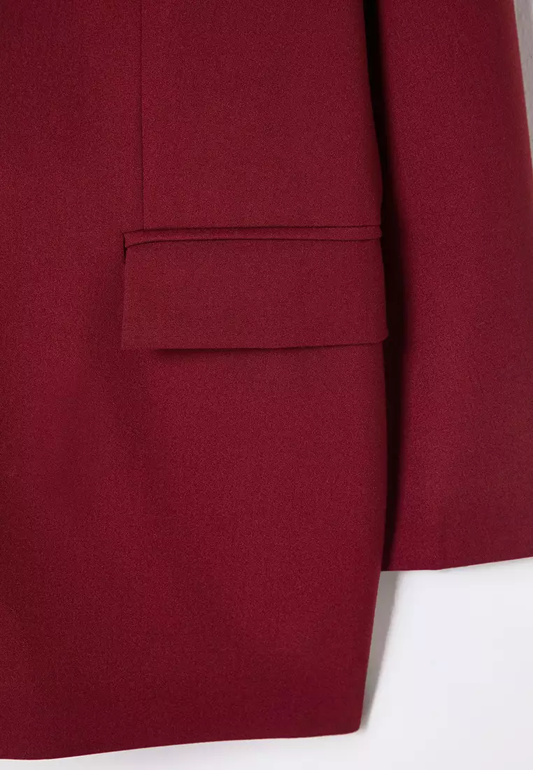Burgundy Lined Oversize/Wide Cut Blazer Woven Plus Size Fabric Jacket Tbbaw25Ag00019