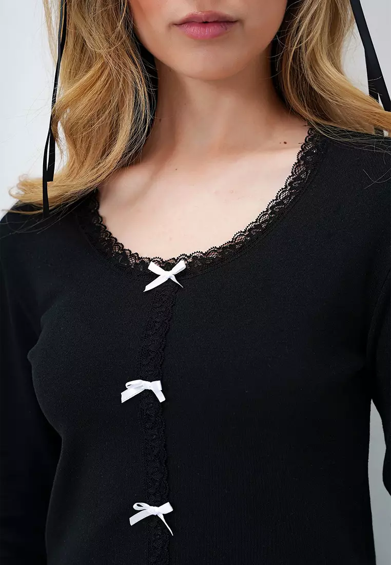 Black Wide Collar Scallop Detailed Bow Embroidered Blouse And Palazzo Pants Pajama Set Alc-X14066