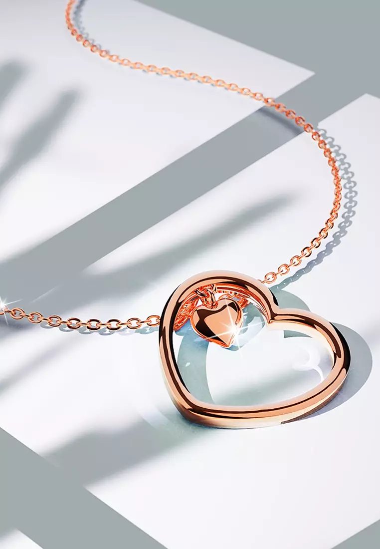 Solid 925 Sterling Silver Rose Gold Filled Joined Heart-Shaped Pendant Necklace