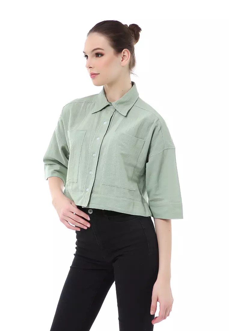 Brielle Atasan Wanita Kemeja Crop Oversize Shirt Lengan Panjang Material Linen ORIGINAL - Green