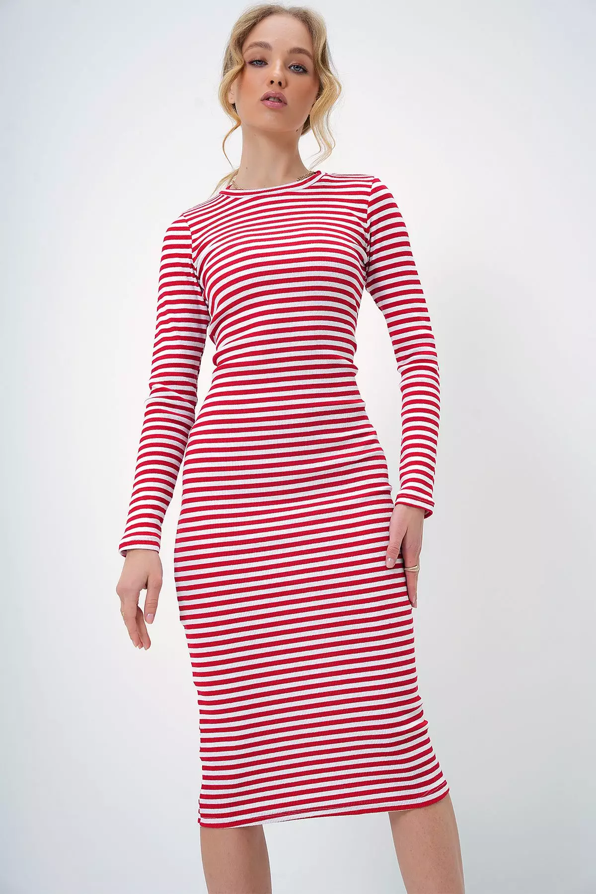 Women's Red Crew Neck Striped Midi Length Basic Dress