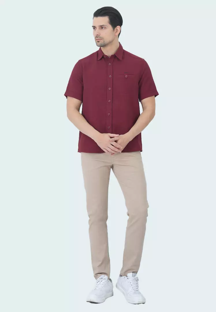 LGS - Kemeja Casual Pria Kemeja Waffle Lengan Pendek Motif Polos Warna Merah Regular Fit - CSH.271.R1191.198.C