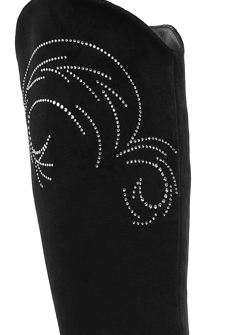 Rhinestone Patterned Calf Boots in Black