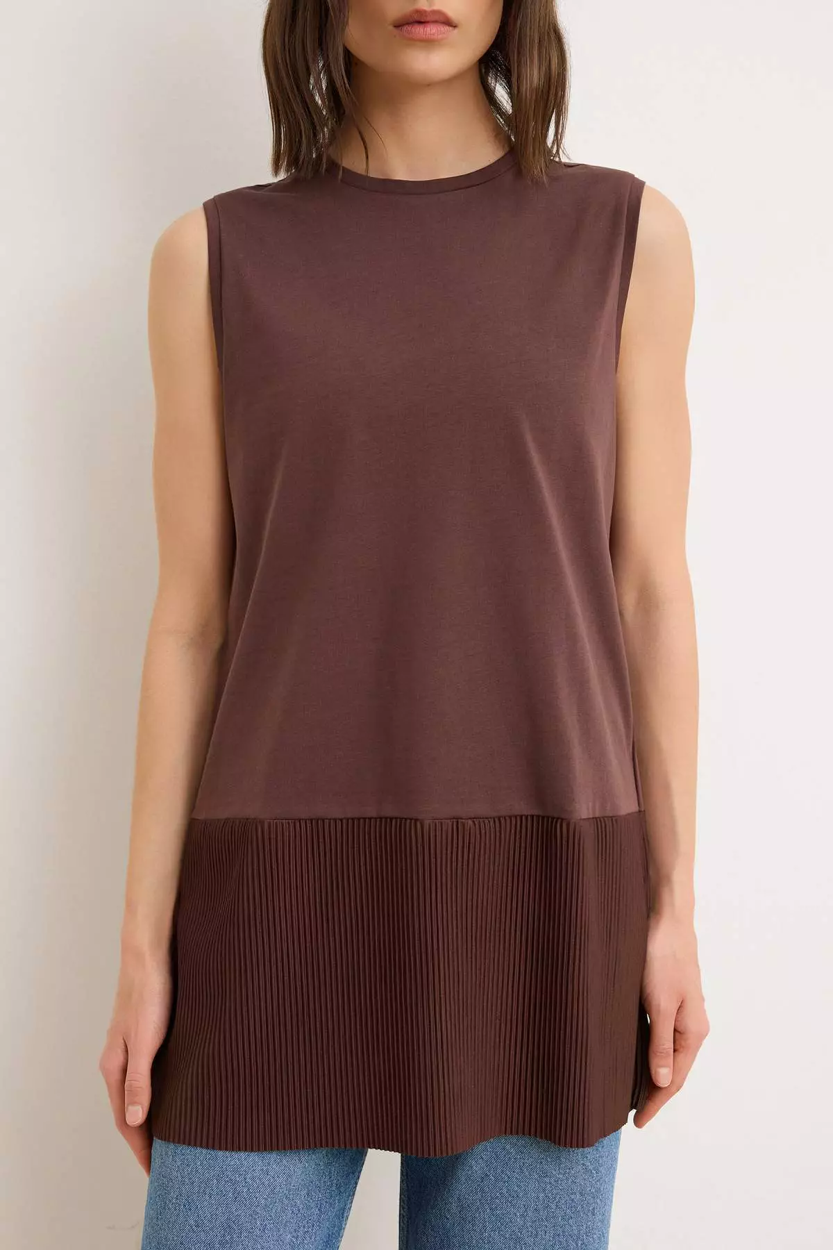 Brown Skirt Pleated Detailed Sleeveless Knitted Undershirt Blouse Tctss25Uk00005