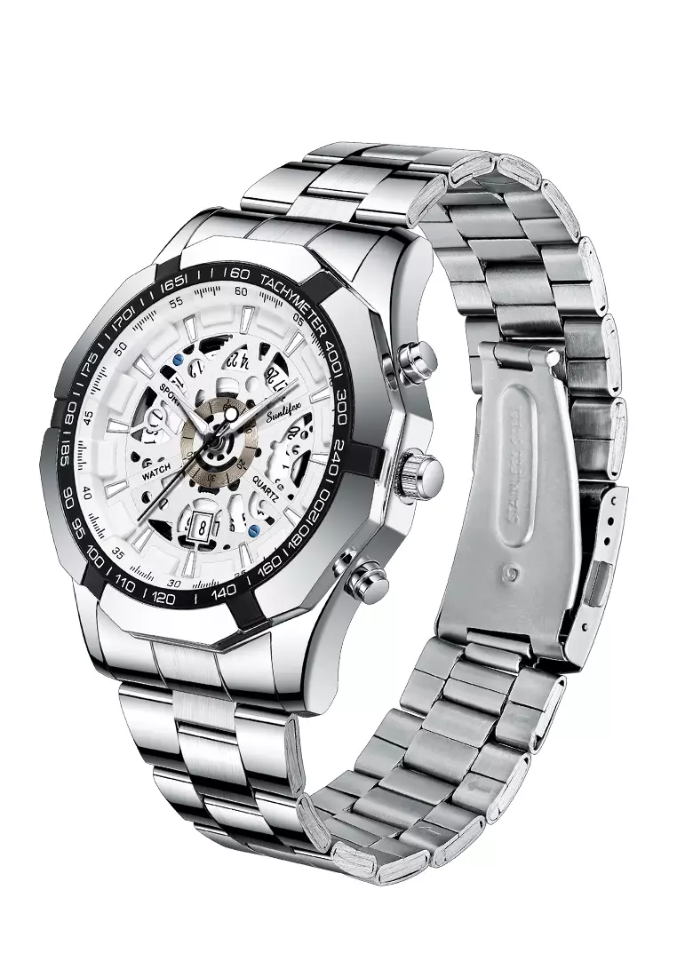 Jam Tangan Pria Original Calendar Luxury Bisnis Tali Stainless Steel Jam Tangan Cowok 9096 silver white