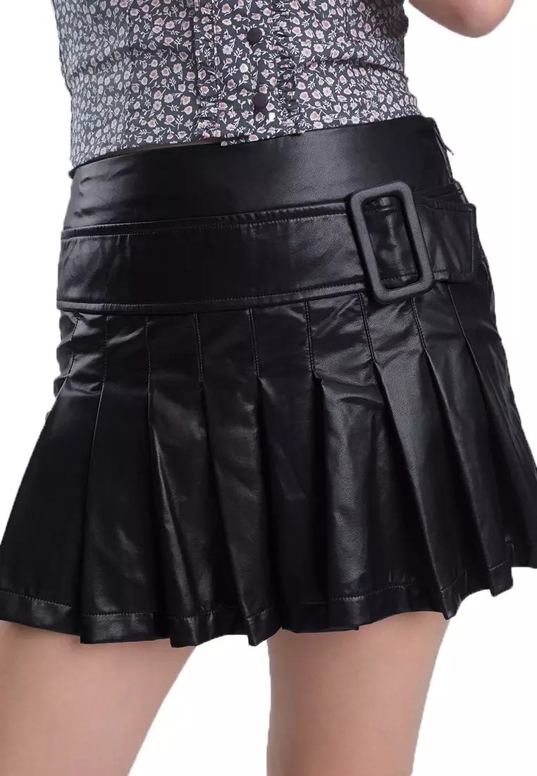 Pleated Leather Mini Skirt With Belt Detail