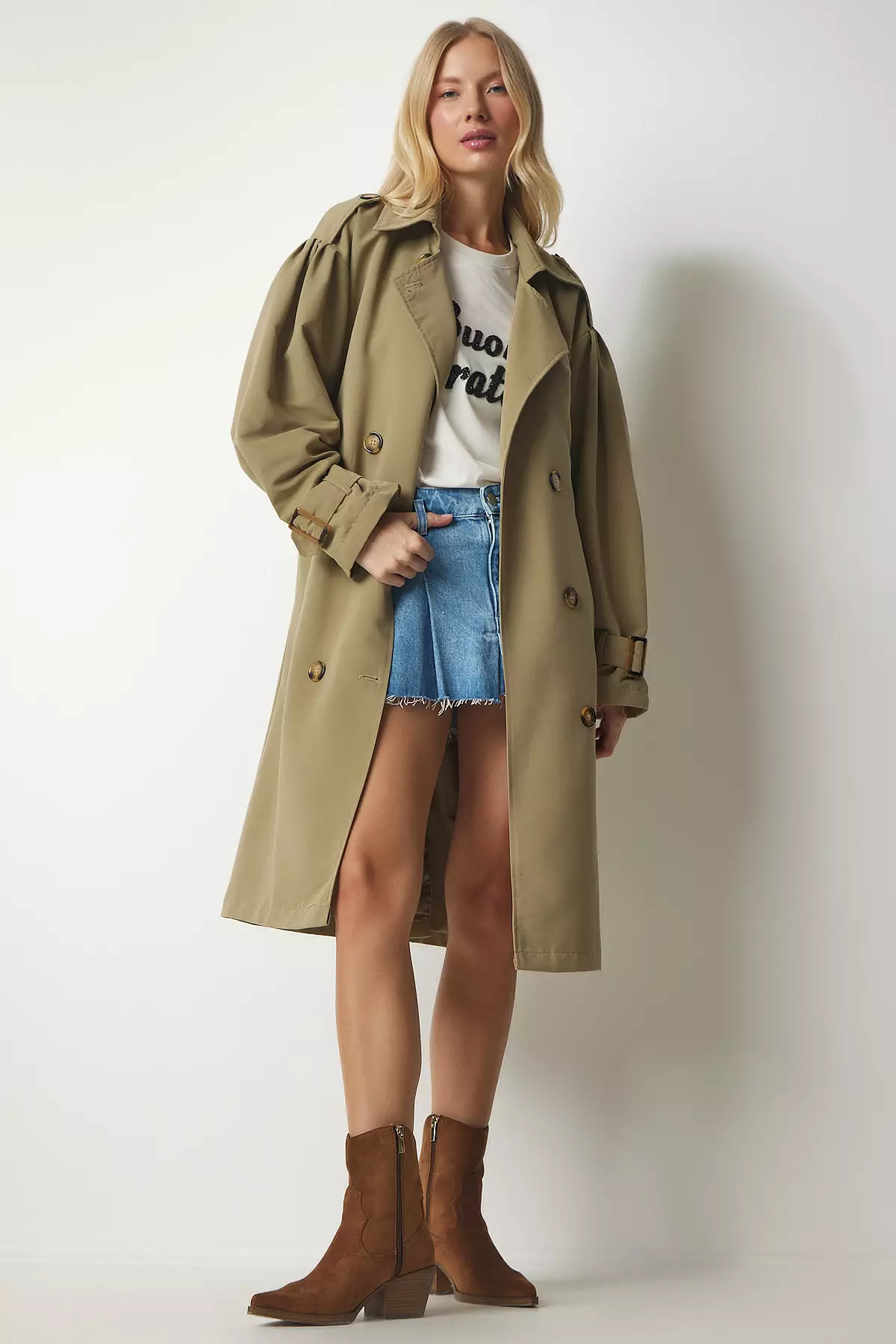 Happiness Istanbul Light Khaki Double Breasted Collar