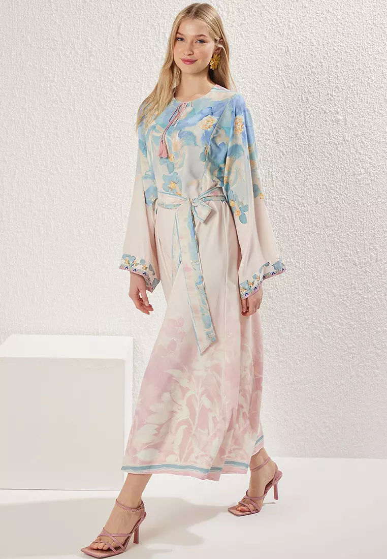 Powder Linen Look Spanish Sleeve Belted Patterned Woven Dress TCTSS25EB00033