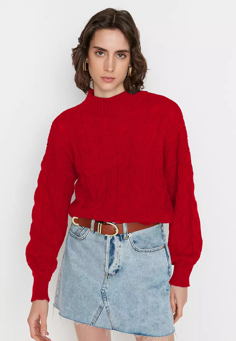 Red Crop Stand Collar Knitwear Sweater