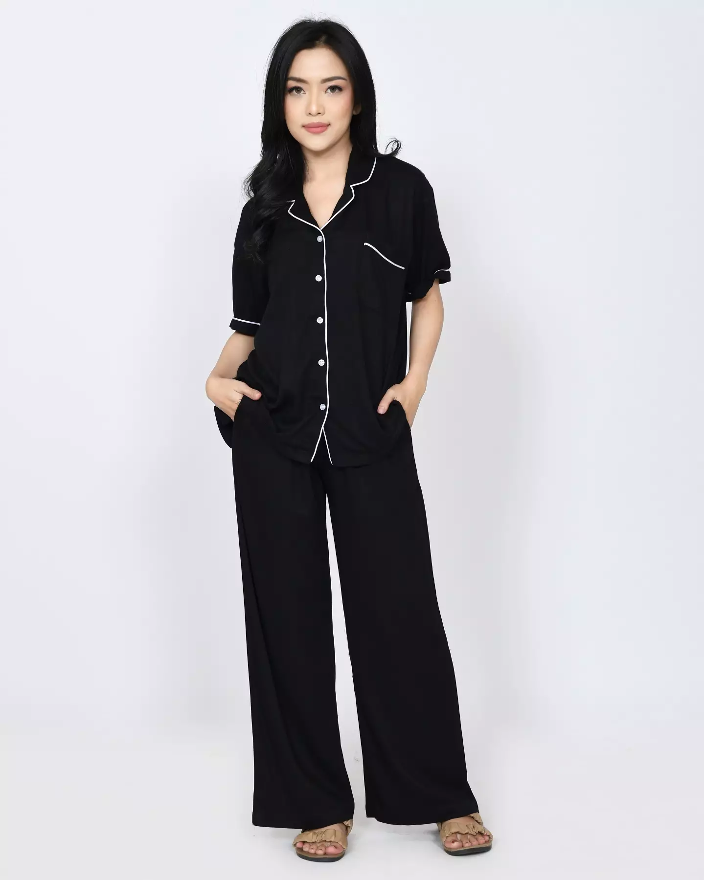 S/S COUPLE PIYAMA COTTON TENCEL Setelan Baju Tidur Pria Wanita BLACK