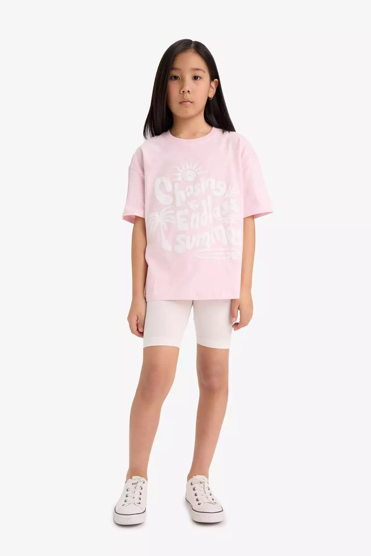 Girls' Oversize Wide Fit Crew Neck Printed Short Sleeve T-Shirt E0392A825Sm