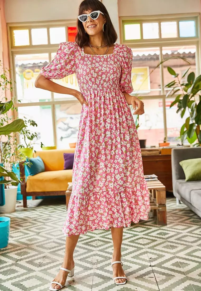 Floral Shirring Midi Dress