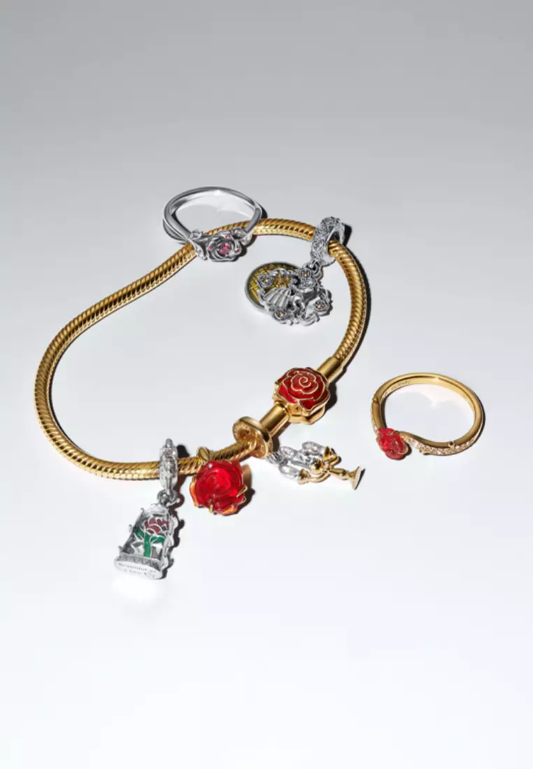 Pandora x Disney 14K Gold Plated Beauty and the Beast Enchanted Rose Snake Chain Bracelet