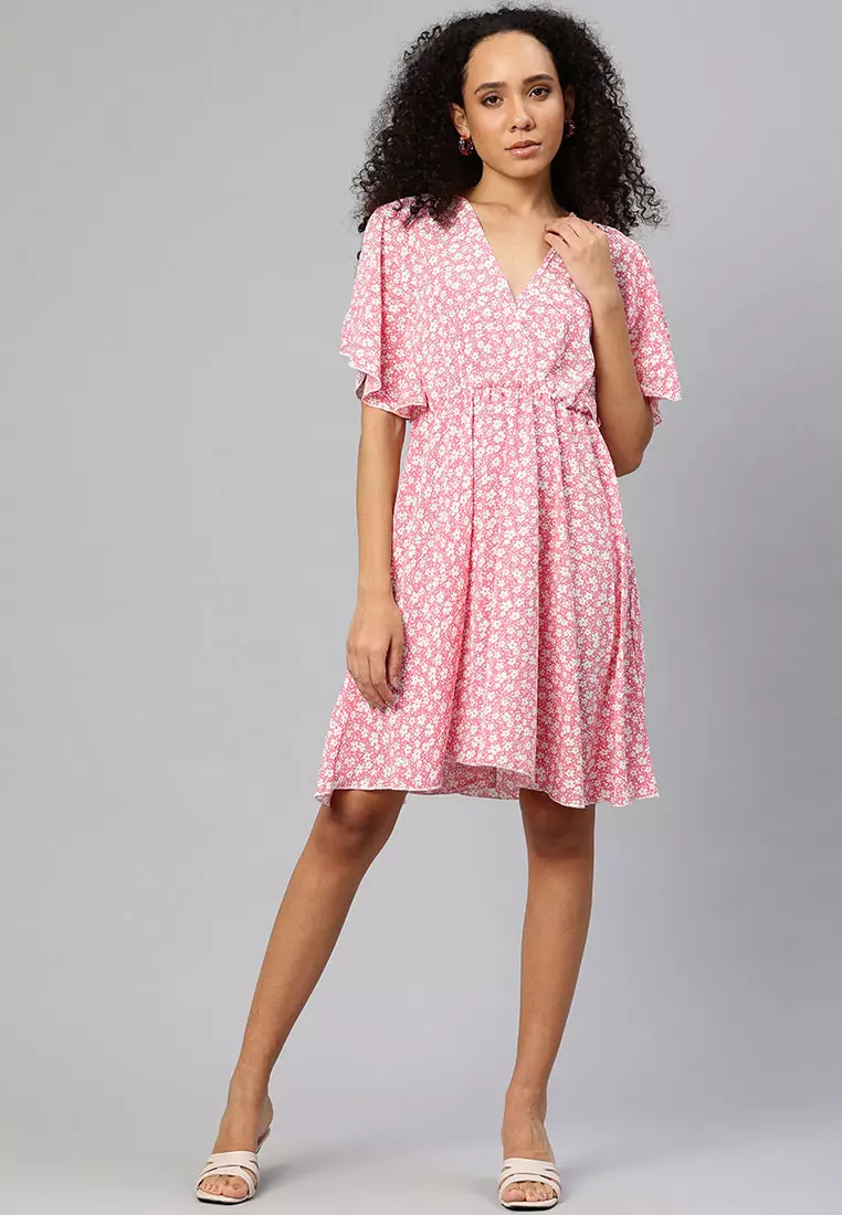 Gaun Midi Motif Bunga V-Neck Warna Pink