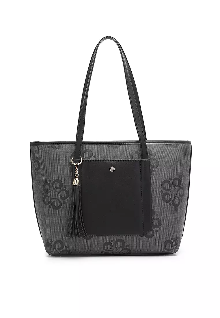 3-in-1 Women's Monogram Tote Bag + Sling Bag + Pouch (3-in-1 - Tas Jinjing + Tas Selempang + Kantong Wanita) - Hitam