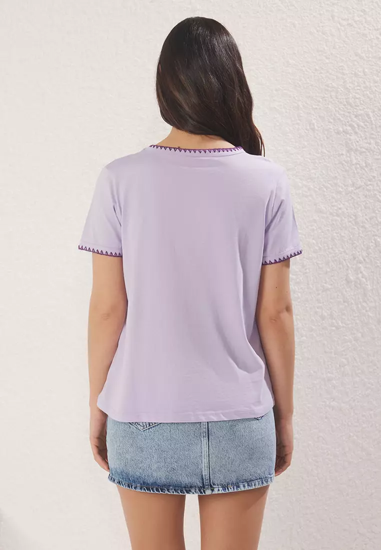 Lilac 100% Cotton Contrast Stitch Detail Basic Crew Neck Knitted T-Shirt TWOSS19AD0085