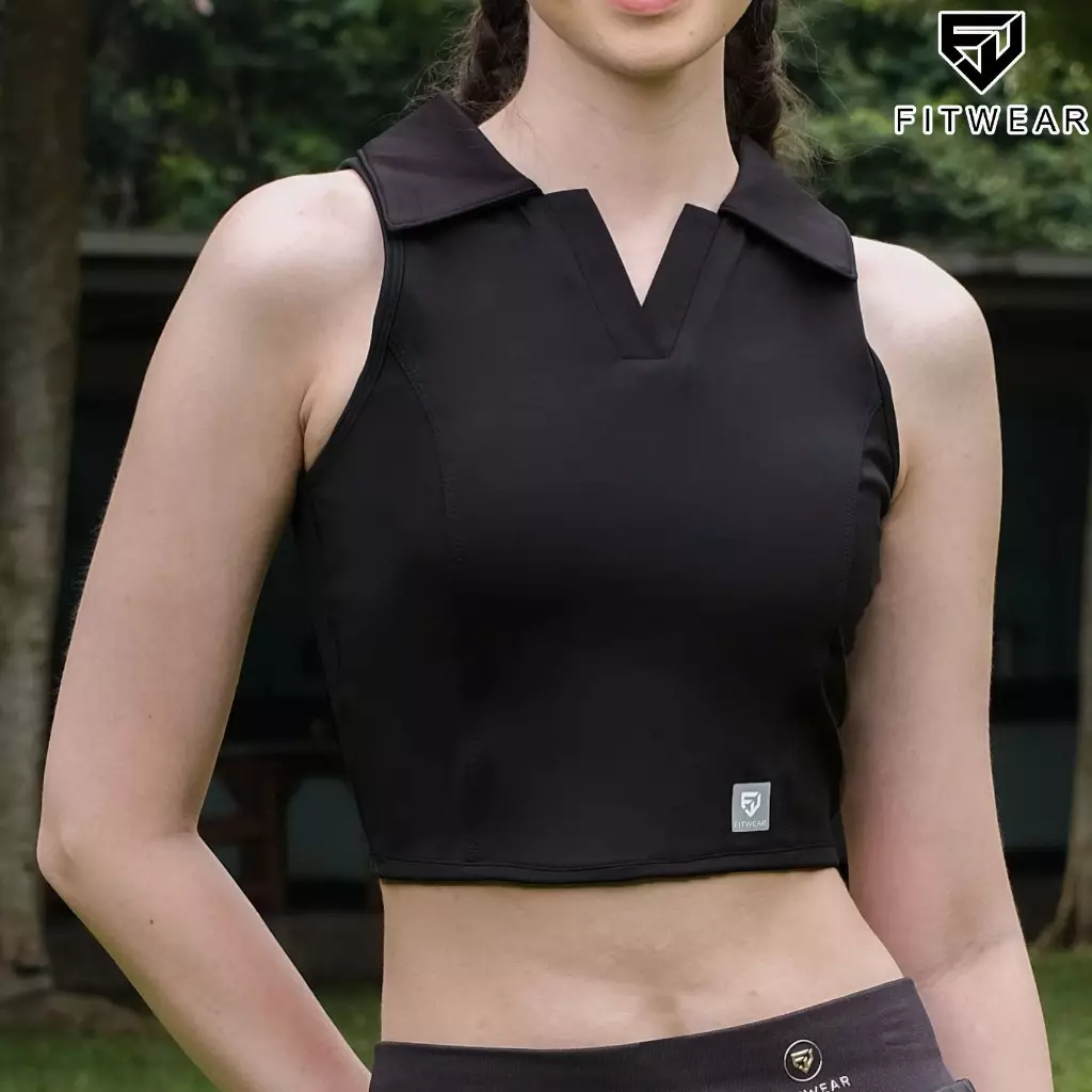 Fitwear Croptop + Sportbra Olahraga Padel Wanita MIKAYLA COLLAR 2in1 - BLACK