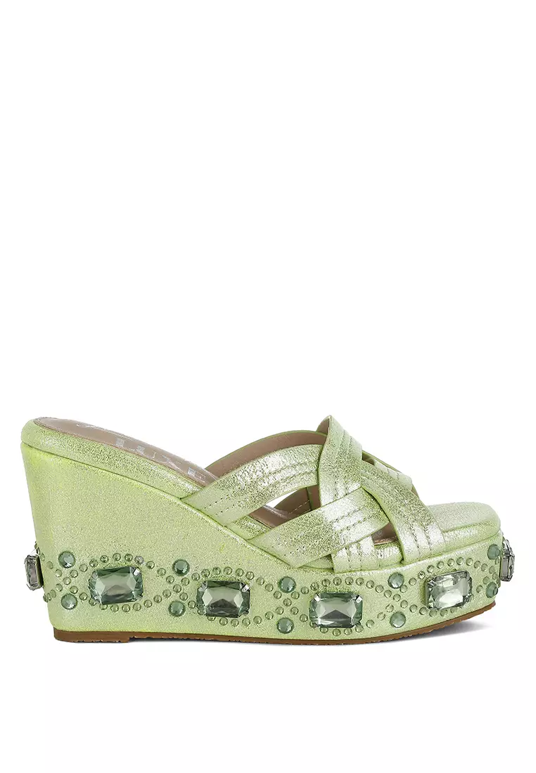 Sandal Potongan Berlian Imitasi & Berlian Imitasi Tebal dalam Warna Hijau Jeruk Nipis