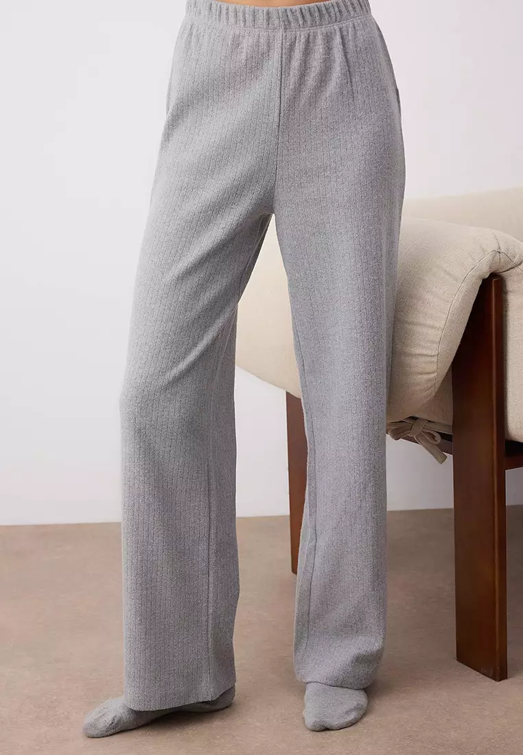 Gray Melange Cardigan Fitted Knitted Pajama Set