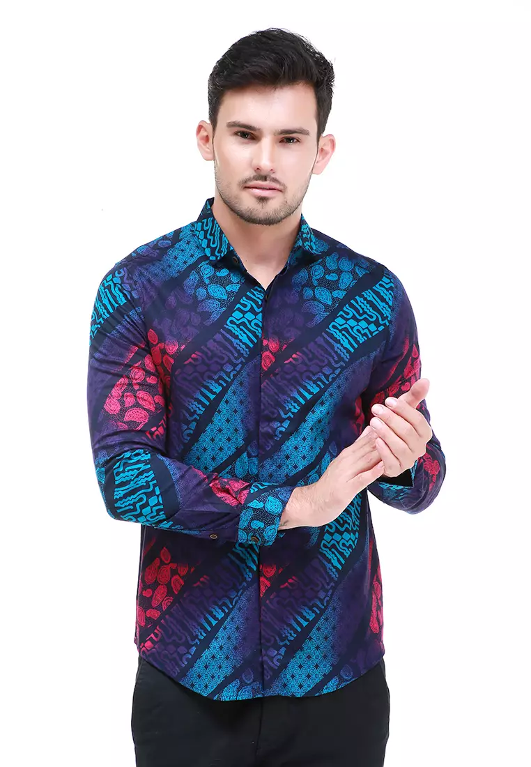 Dwan Kemeja Batik Pria Light Tops Atasan Formal Longsleeve Shirt Material Cotton ORIGINAL - Blue