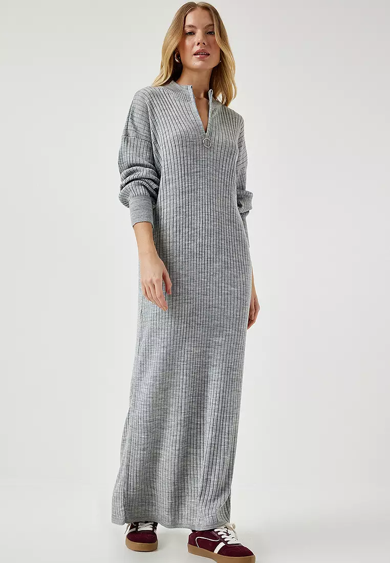 Happiness Istanbul Zippered Collar Maxi Knit Dress