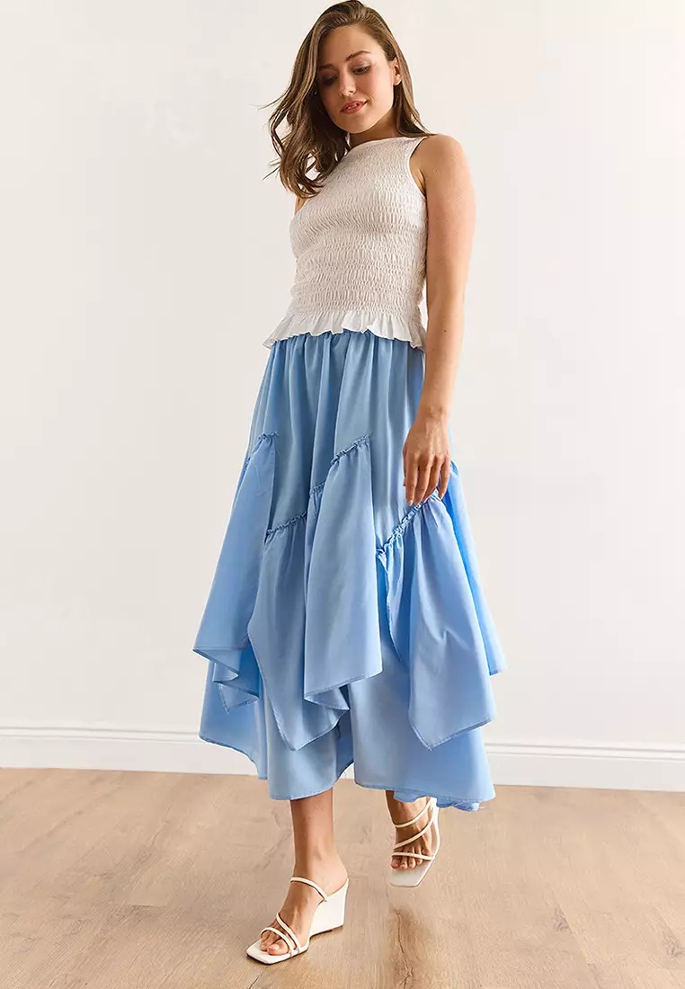 Women's Blue Elastic Waist Piece Skirt Etk-19000331