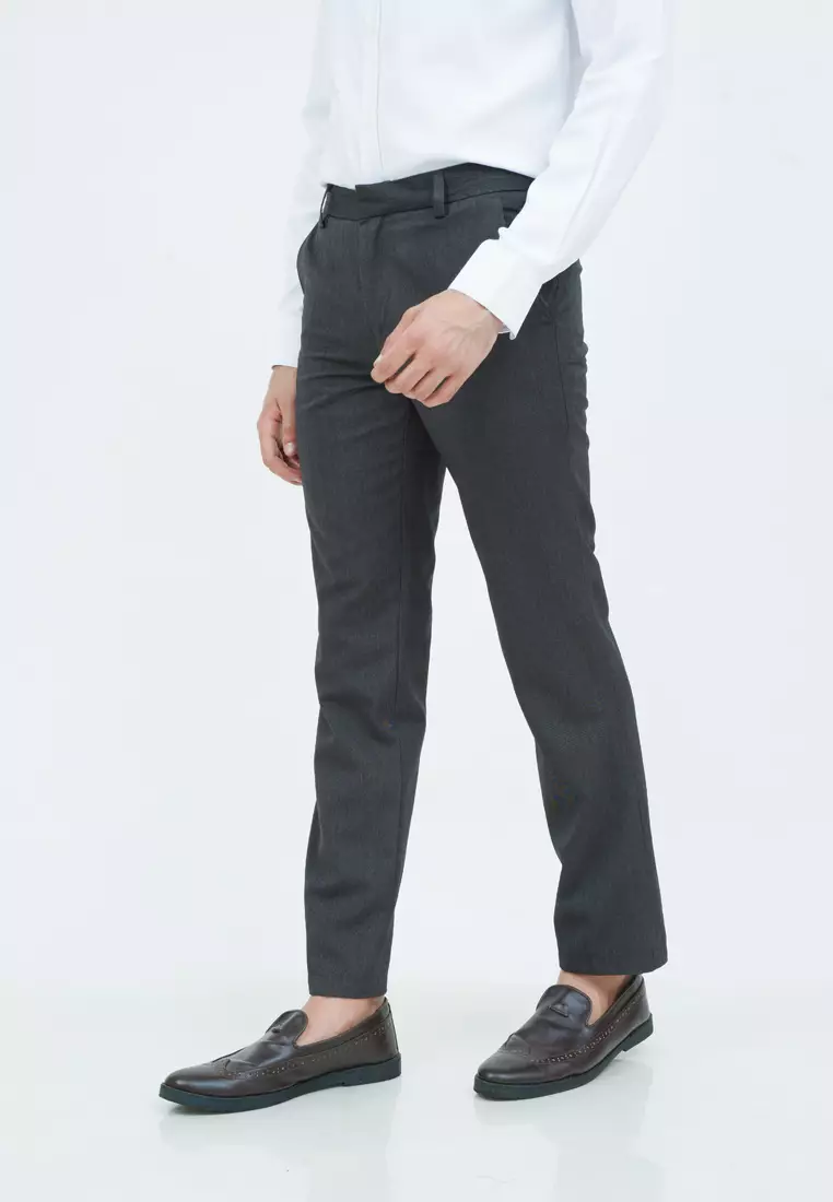 Celana panjang slim fit pria kerja formal garis halus hitam houseofcuff