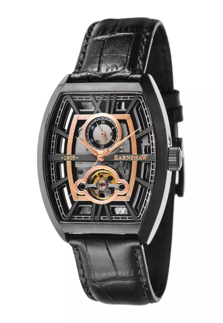 Thomas earnshaw black leather skeleton analogue watch new arrivals