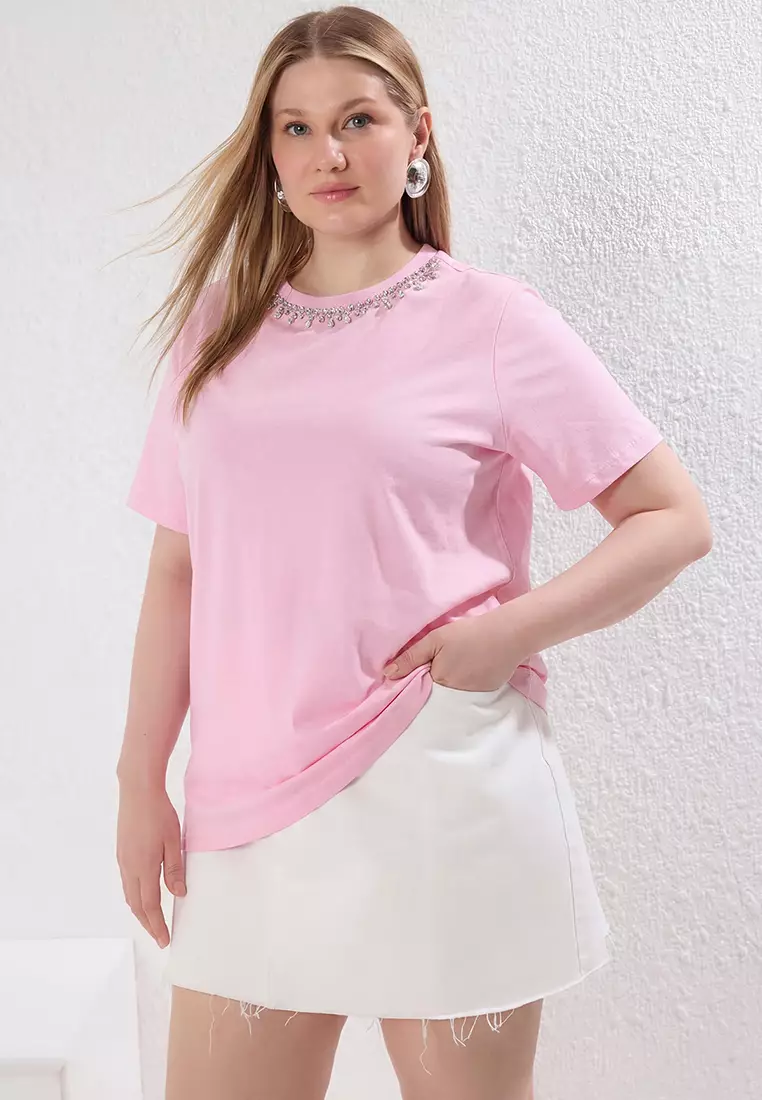 Pink Stone Collar Relaxed Fit 100% Cotton Knitted Plus Size T-Shirt Tbbss25Bf00021