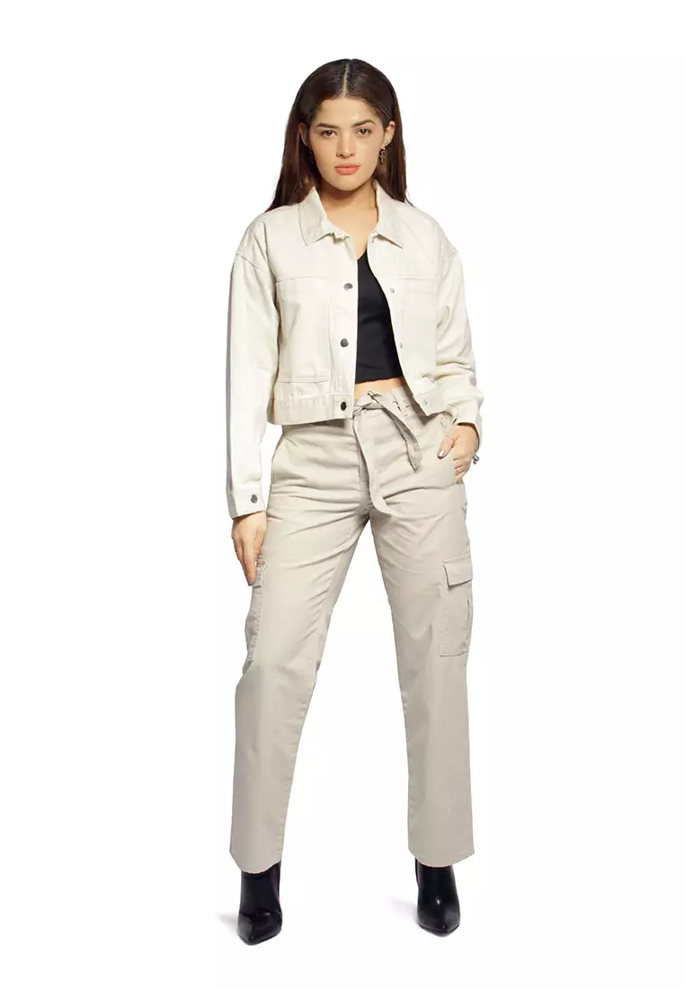 Beige Cropped Denim Jacket